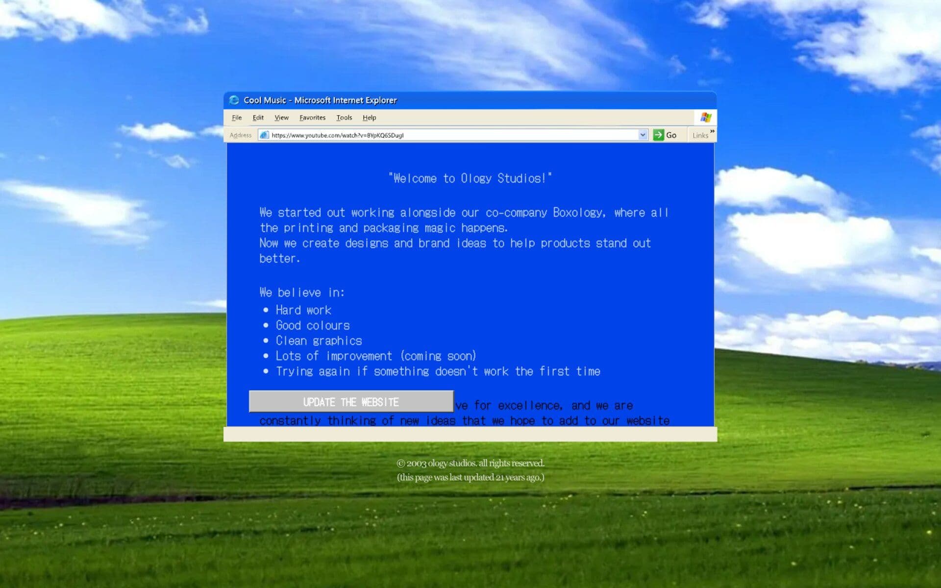 Ology Studios retro About Our Company page in the old Windows browser