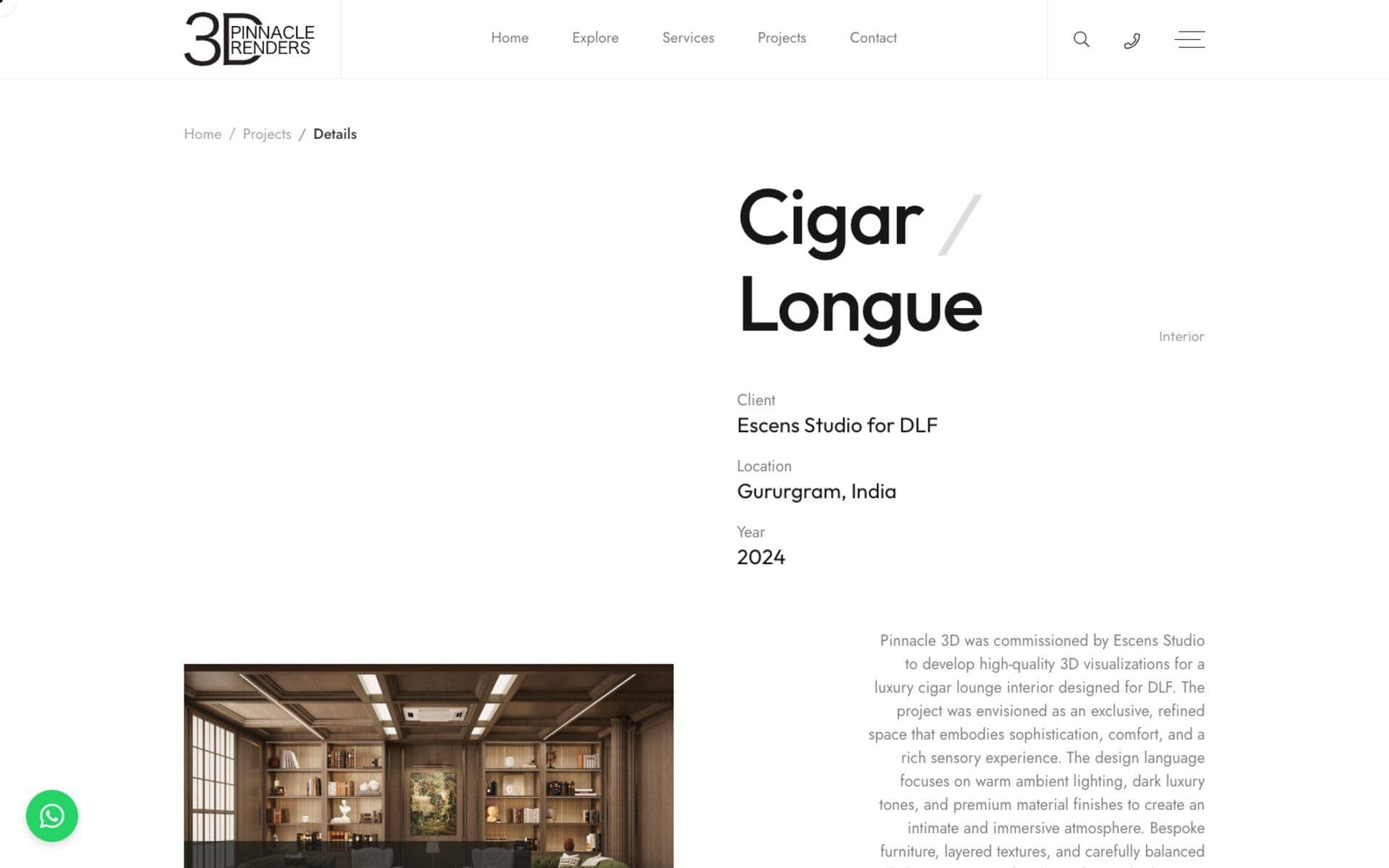 Pinnacle 3D Cigar Longue project page with interior render