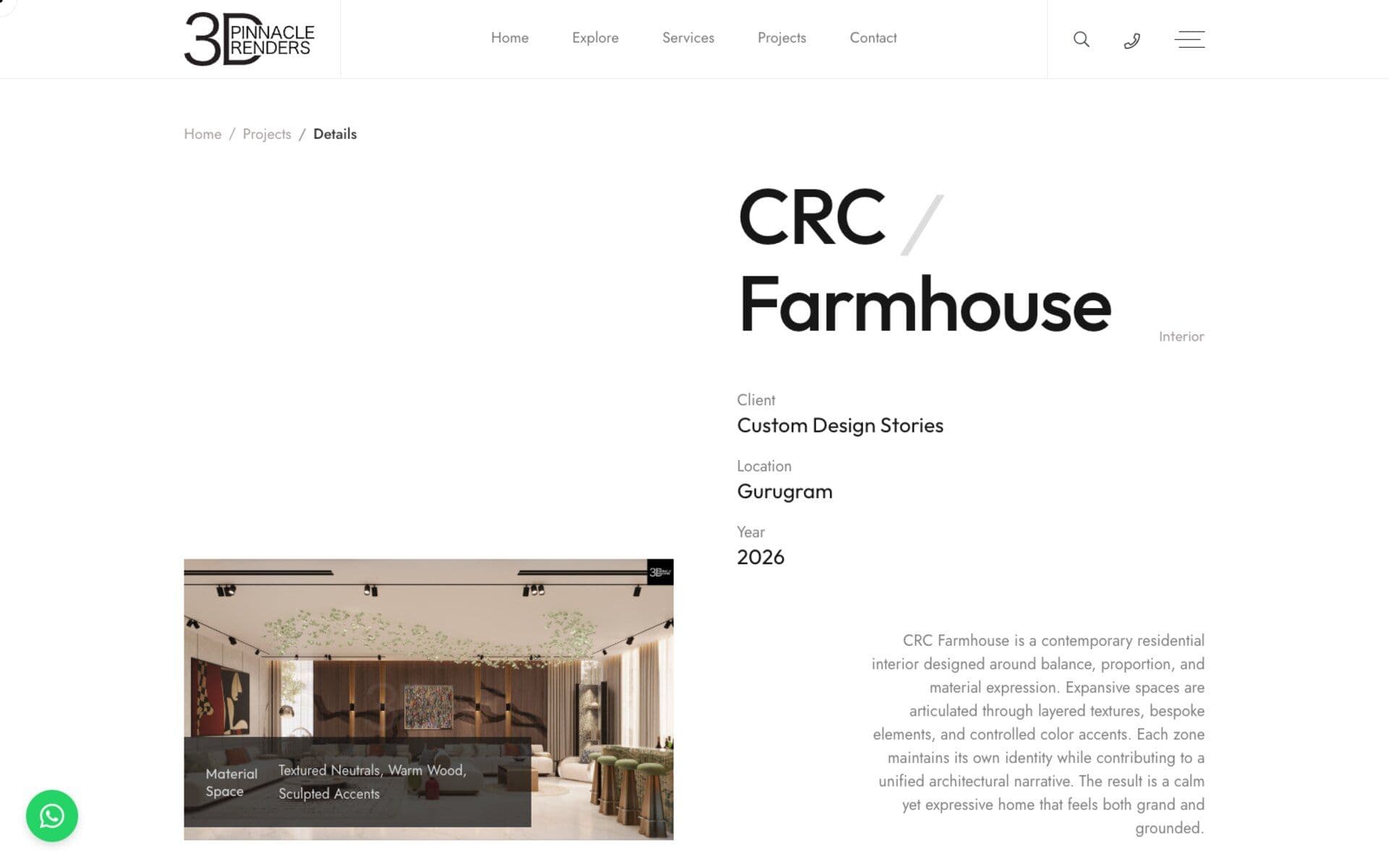 Pinnacle 3D CRC Farmhouse project page with interior render