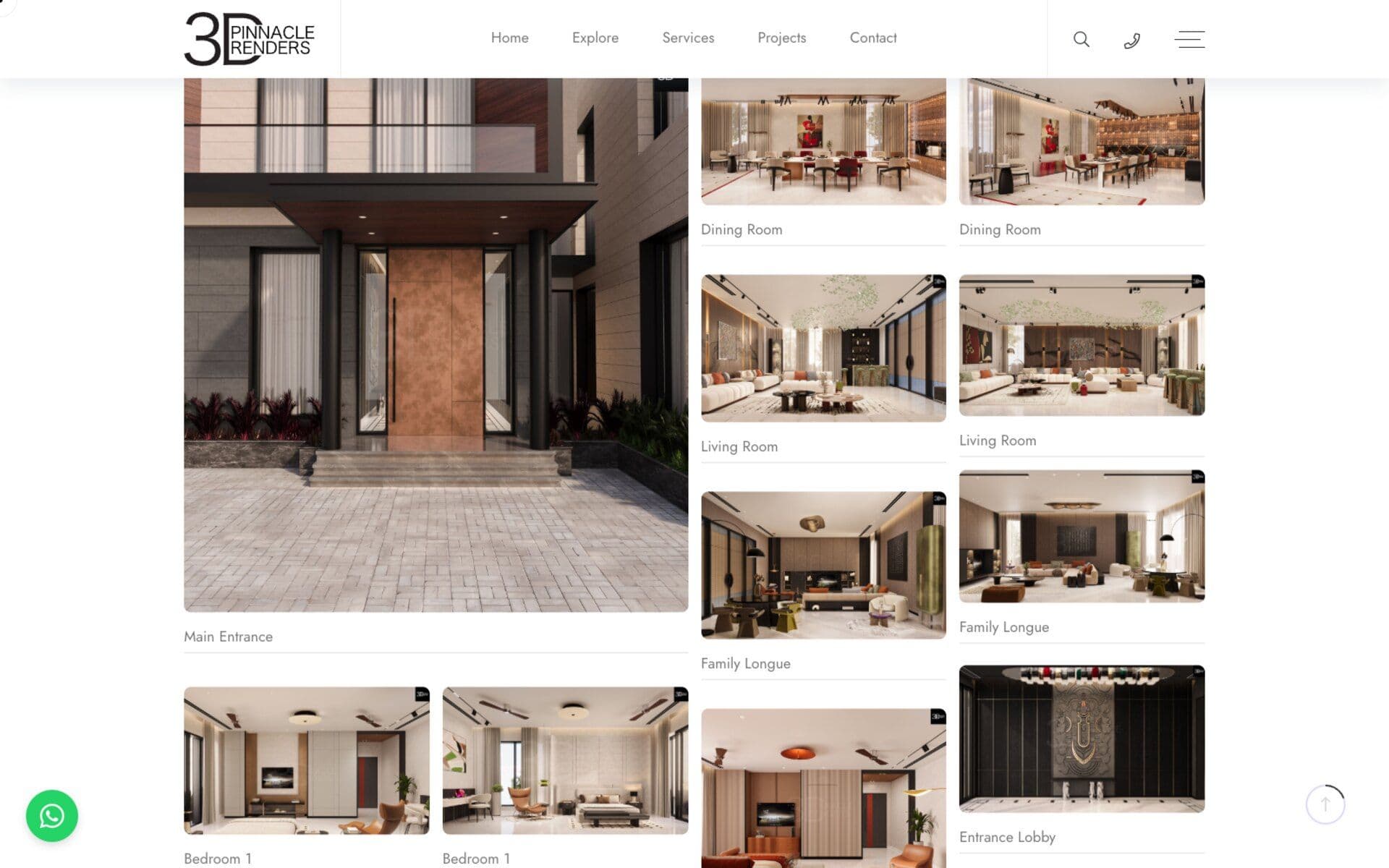 Pinnacle 3D project gallery with exterior entrance and room-by-room interior renders
