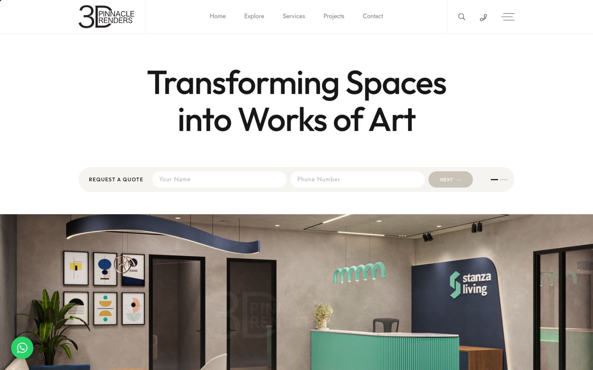 Pinnacle 3D website hero: Transforming Spaces into Works of Art, with a reception interior render