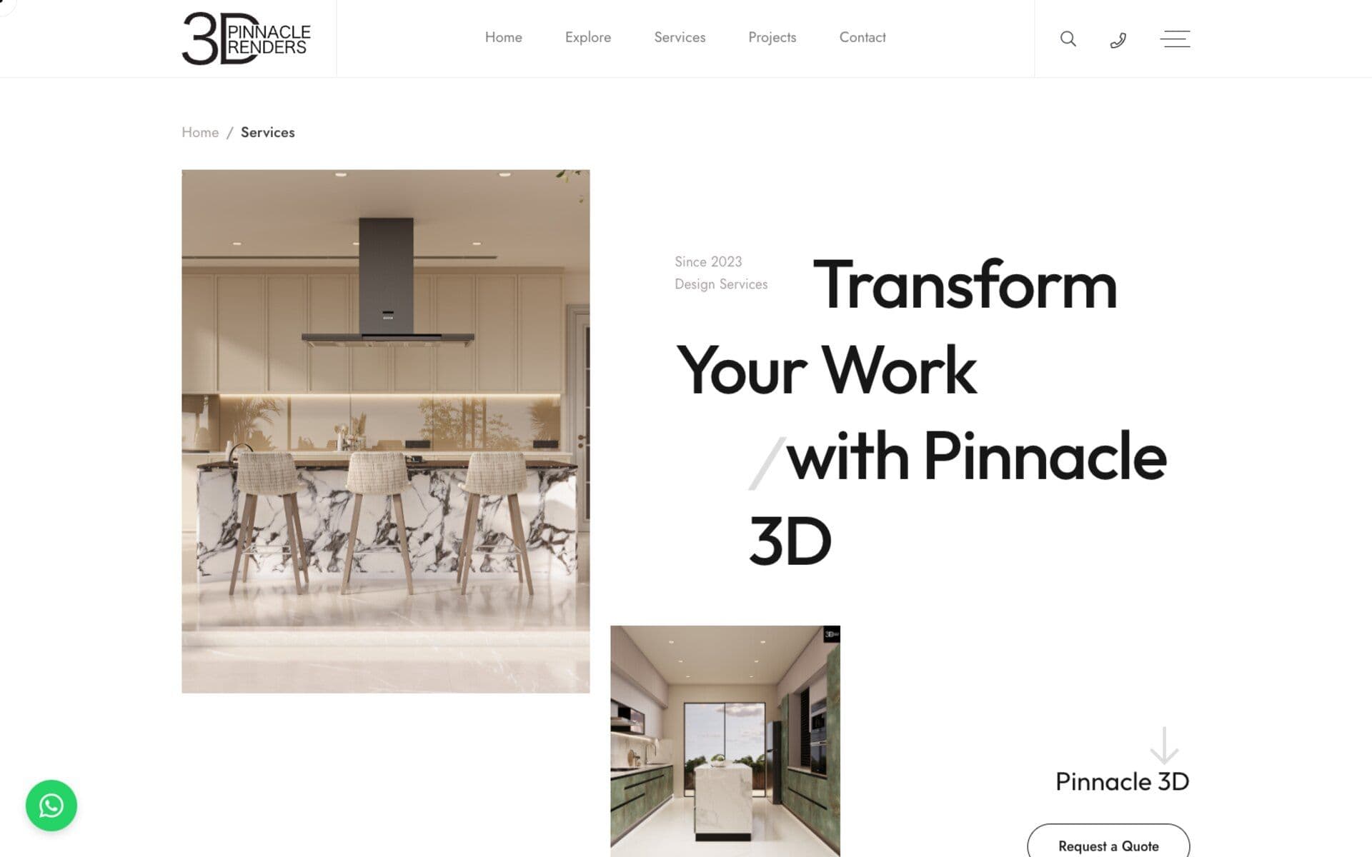 Pinnacle 3D services page with kitchen interior render